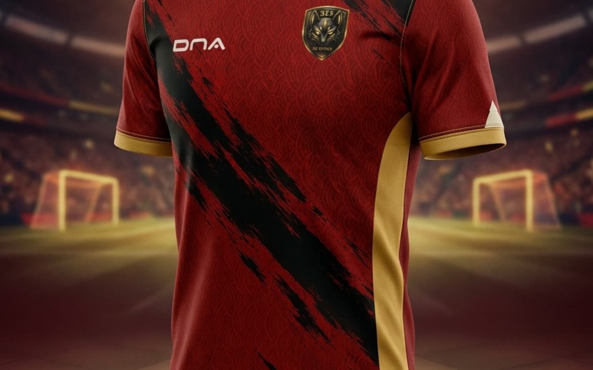 Uniforme DNA vinho e dourado em estádio